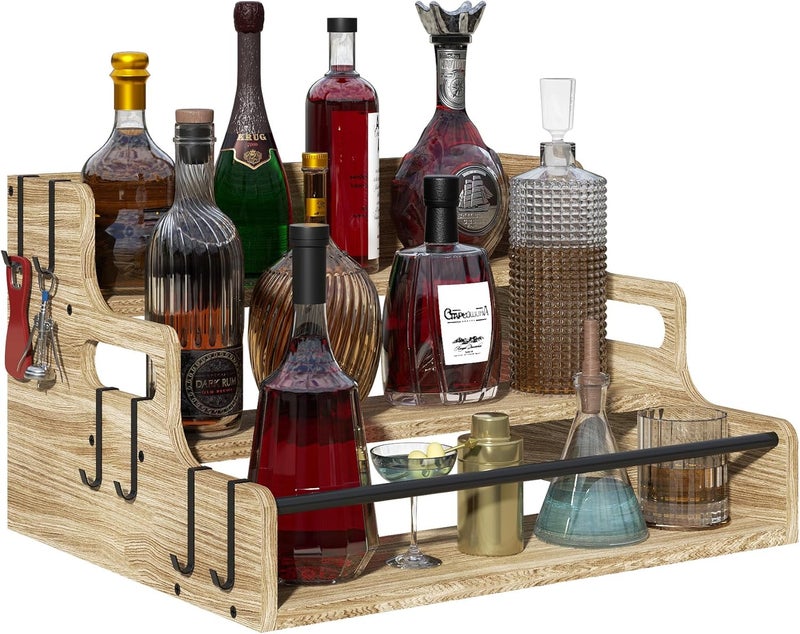 Lavendex 3-Tier Liquor Bottle Display Shelf, Bar Stand for Whiskey, Spirits, Coffee Syrup Rack Organizer, Countertop Wine Rack for Home, Mini Coffee Bar, Small Liquor Cabinet and Kitchen Light Brown - Image 1